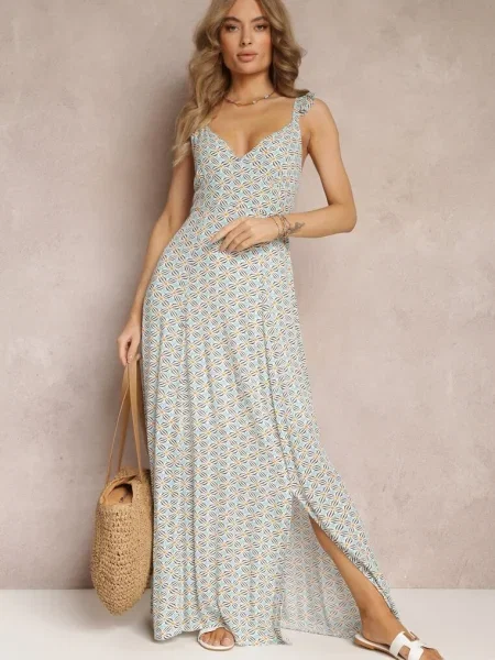 Rochie Albastră și Cloș Maxi cu Bretele Ornamentate și Decolteu Adânc din Jesa albă