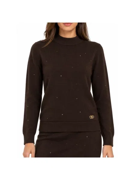 Sweter z golfem Yes Zee z cekinami brązowy