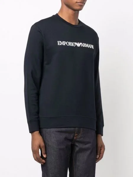 Mikina Emporio Armani s potiskem s kulatým výstřihem modrá