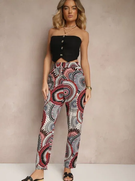 Szerokie Spodnie z Bawełny High Waist w Abstrakcyjny Wzór Jorivaess czerwone