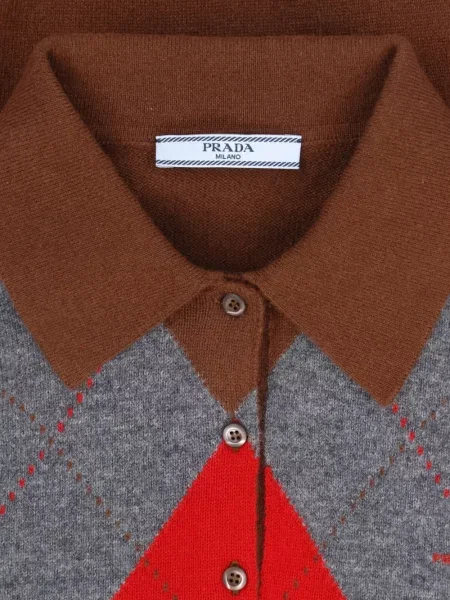 Tricou polo Prada din cașmir cu model argyle maro