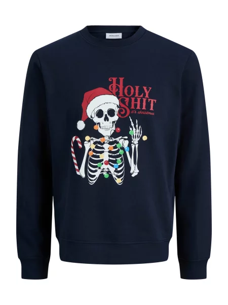 JACK & JONES Mikina JJMERRY SKULL XMAS tmavě modrá / světle zelená / brusinková bílá