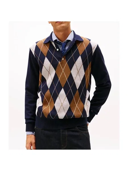 Tommy Hilfiger sweter z dzianiny Mężczyźni drobna dzianina niebieski|brązowy|biały S niebieski