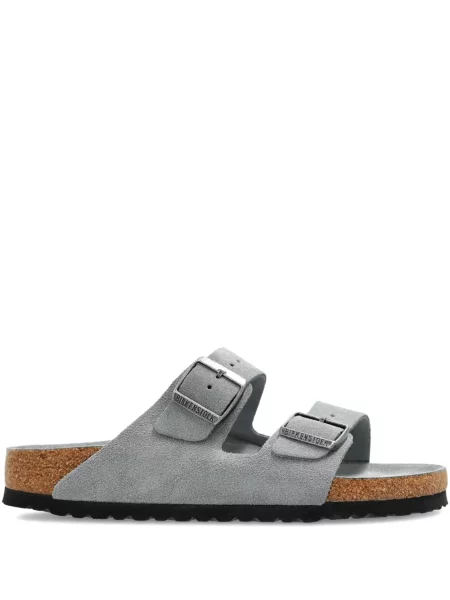 Sandale Birkenstock din piele de căprioară fără toc cu cataramă gri