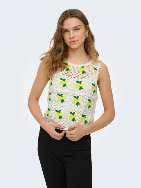 ONLY Top brodat ONLEMMA fildeş verde galben