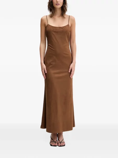Rochie Bardot din piele de căprioară cu bretele maro