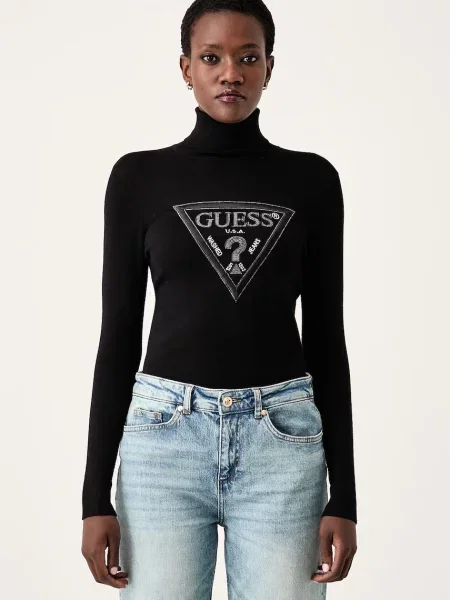 Guess pulover za žene s viskozom HALLIE crna