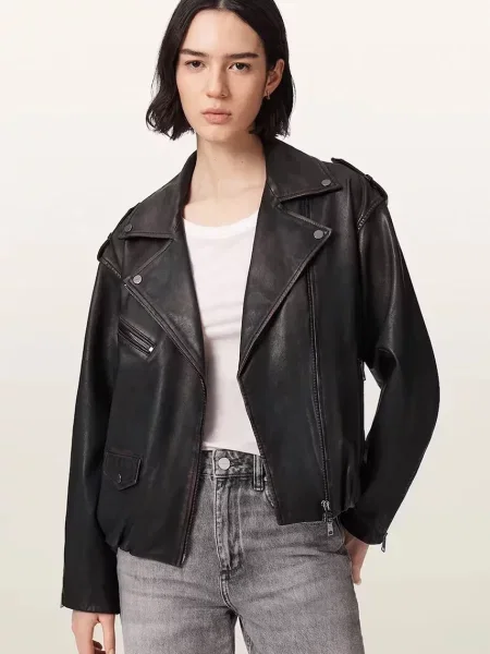 AllSaints jachetă scurtă pentru femei din piele SAMINA negru