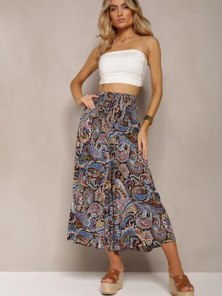 Czarno-Granatowe Spodnie Culottes z Bawełnianej Tkaniny Ozdobione Wzorem Paisley Gwinamas czarne