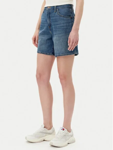 Дънков къс панталон Levi's HIGH BAGGY SHORT с изчистен дизайн с висока талия синьо