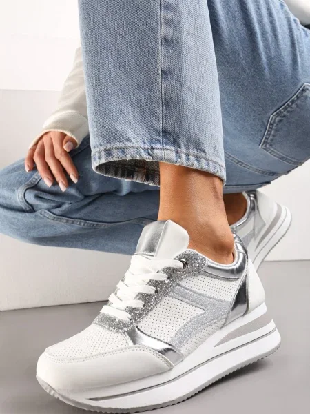 Sneakersy na Grubej Podeszwie w Zdobione Brokatem Selarissa białe