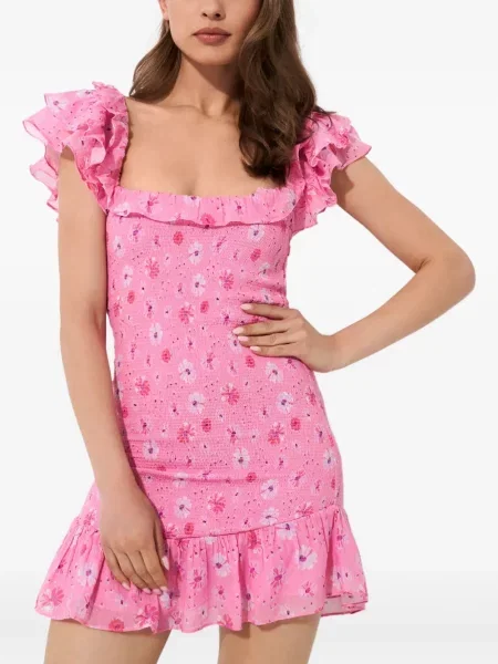Rochie mini Loveshackfancy cu model floral cu imagine de costum roz