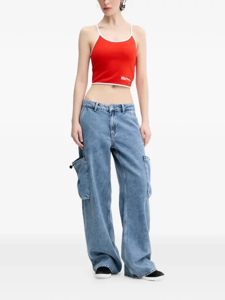 Top din dantelă Karl Lagerfeld Jeans cu șireturi din dantelă roșu