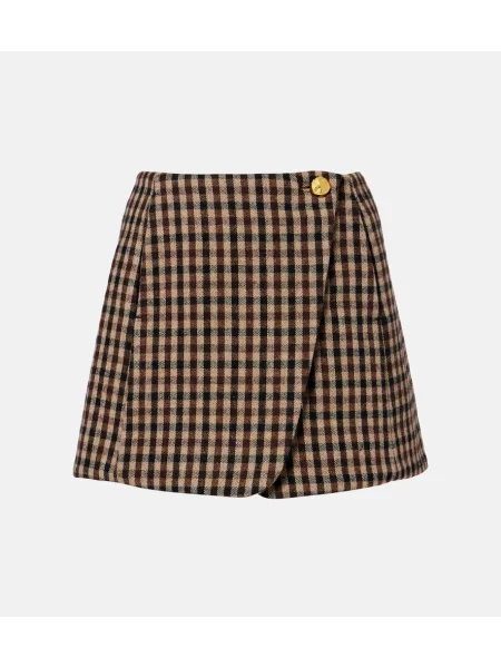 Fustă Ganni de lână în carouri maro