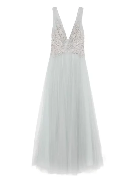 Rochie maxi Costarellos cu decolteu în V din tul de costum albastru
