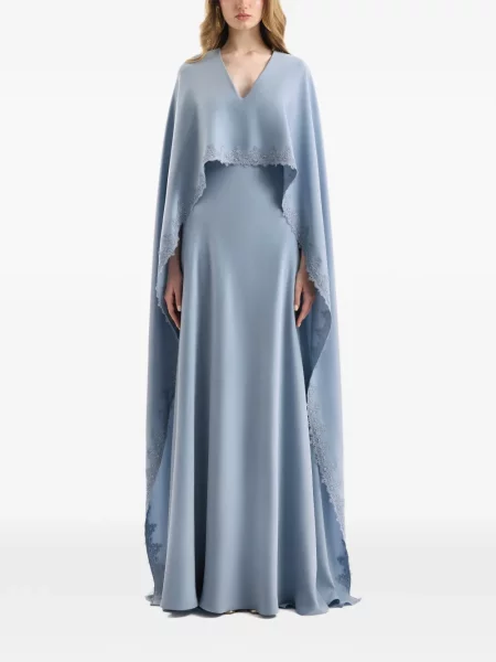 Haftowana sukienka maxi Gemy Maalouf z dekoltem w serek niebieska