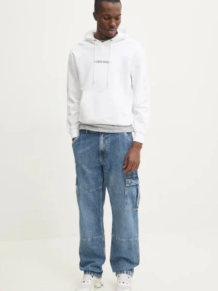 Guess Jeans pulover s kapuco bombažen bela