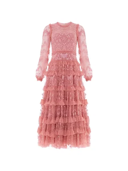 Rochie maxi Needle & Thread cu volane din dantelă roz