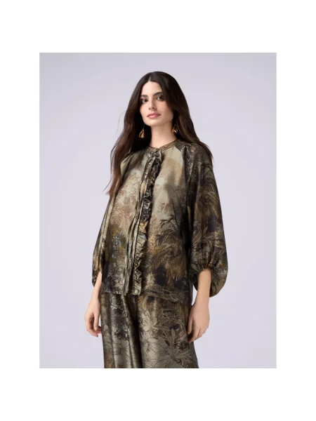 Satynowa bluzka Oltre z falbankami zielona