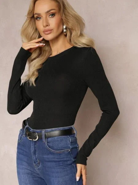 Bluză cu Fir Metalic Ornamental și Mânecă Lungă Aniango neagră