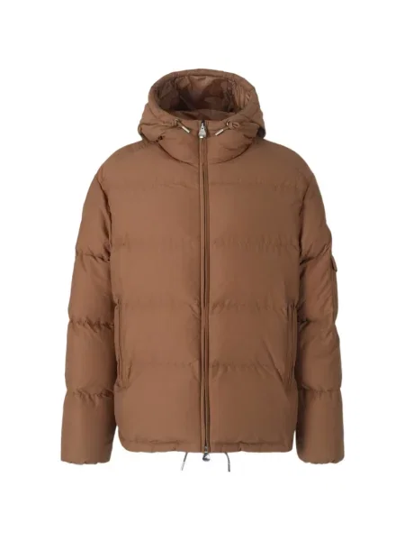 Krótka kurtka puchowa Moncler z kapturem brązowa