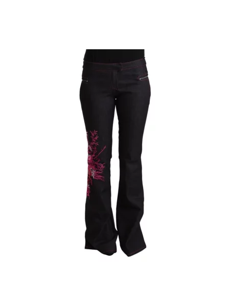Haftowane jeansy dzwony Exte z wysoką talią w kwiatki czarne