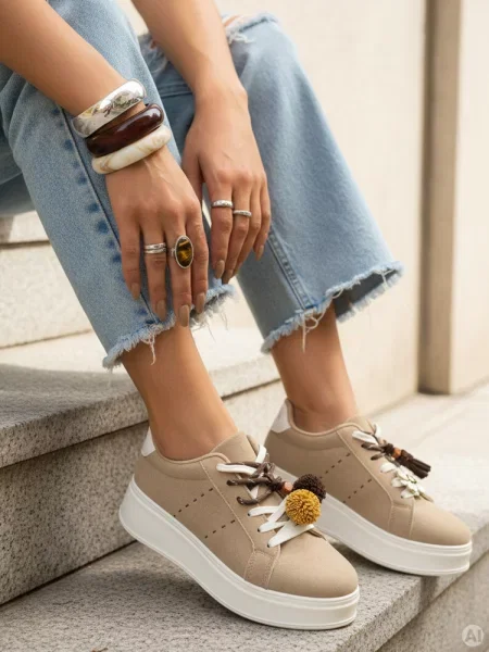 Sneakersy zamszowe z ozdobami na platformie Dstreet beżowe