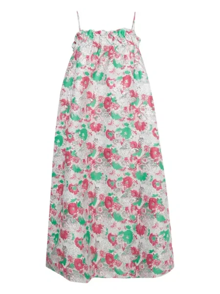 Rochie midi Ganni cu volane din jacard până la genunchi alb