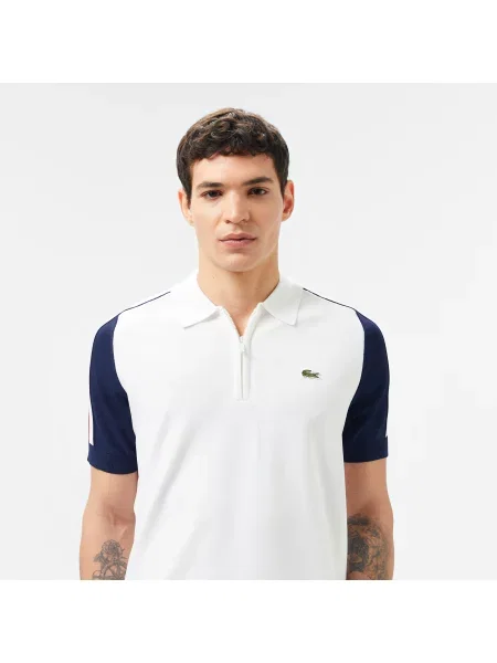 Lacoste Sweter Z Krótkim Rękawem Half Zip Z Blokadą Koloru biały