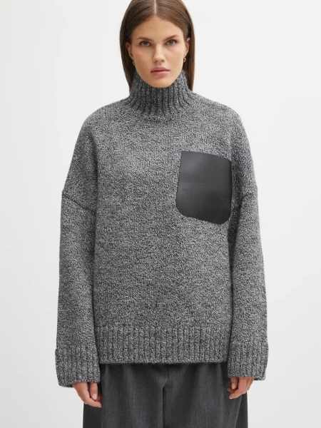 JW Anderson pulover din amestec de lână Leather Patch Pocket călduros cu guler gri