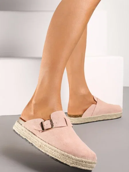 Papuci de casă Ilinna cu bareta lată și talpă împletită roz