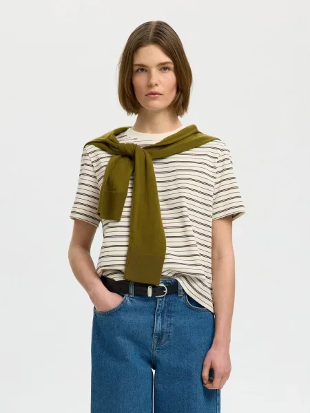 SELECTED Tricou SLFESSENTIAL maro închis / verde / murdar alb