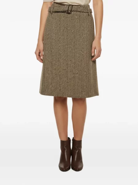 Cu centură fustă tip creion Weekend Max Mara cu model herringbone maro