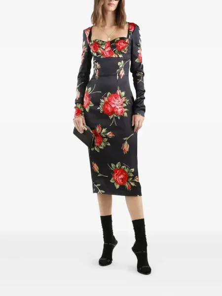 Макси рокля Dolce & Gabbana на цветя с принт до коляното черно