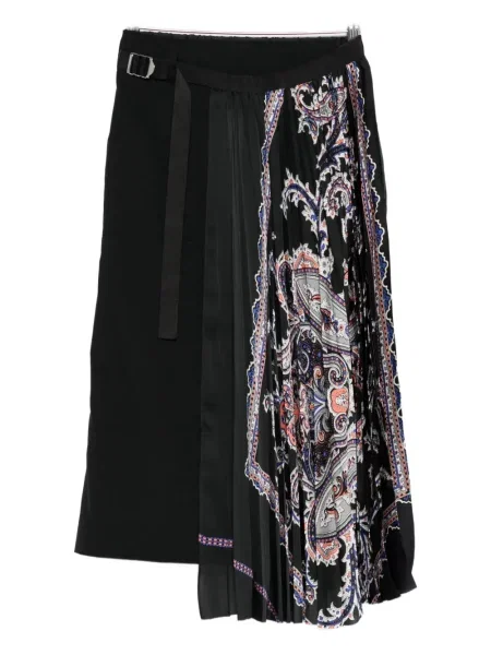 Fusta plisata Sacai cu imagine cu model paisley plisată negru