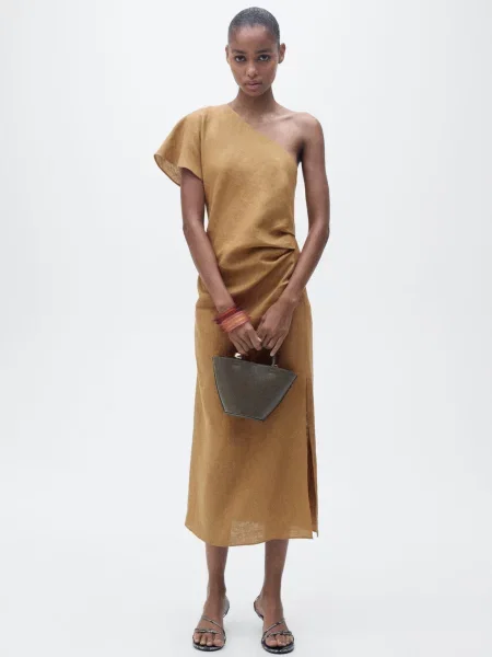 Лляна Сукня міді MANGO коричневий