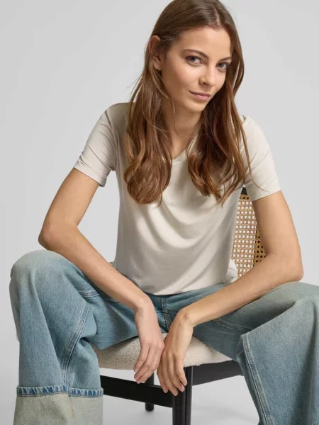 T-shirt z prążkowanym okrągłym dekoltem Schiesser beżowa
