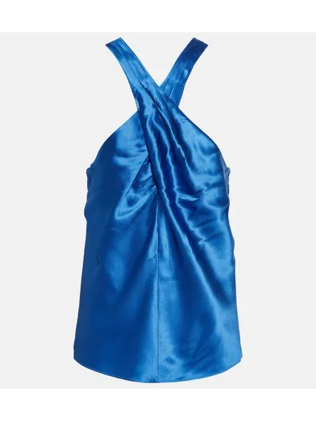 Top Veronica Beard din satin cu gât halter albastru