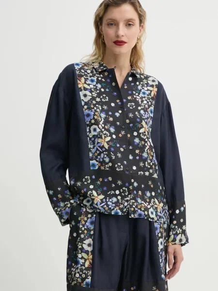 MUNTHE camasa de matase FAIZA marin cu guler clasic relaxed albastru