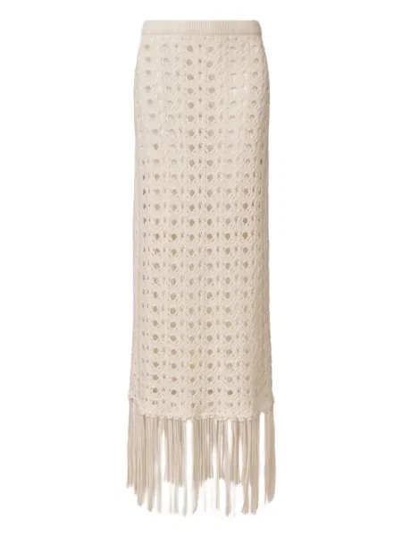 Dzianinowa długa spódnica maxi Fabiana Filippi z frędzli biała