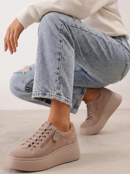 Sneakersy na Platformie z Zamszu Naturalnego z Suwakiem z Boku Nisoe beżowe