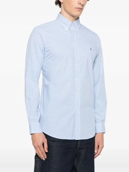 Lniana haftowana koszulka Polo Ralph Lauren w paski niebieska