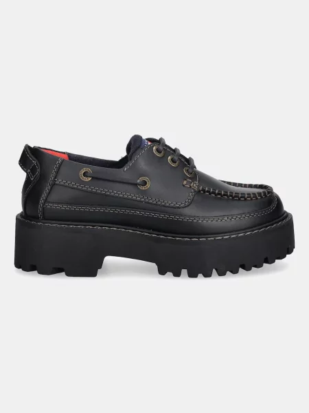 Kožené poltopánky Tommy Jeans ARCHIVE 01 BOAT SHOE LEATHER čierna