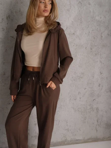 Set de trening din polar bluză cu și glugă pantaloni wide leg Ivama maro