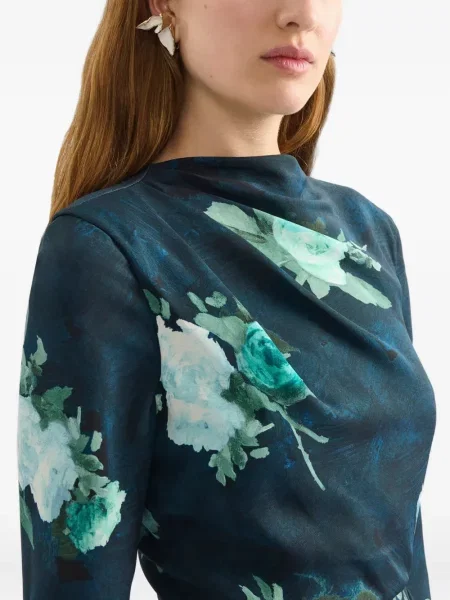 Rochie midi Erdem cu model floral drapată până la genunchi albastru