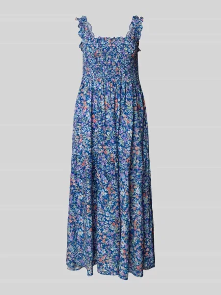 Sukienka midi ze smokowanymi detalami i falbanowym dołem Apricot niebieska