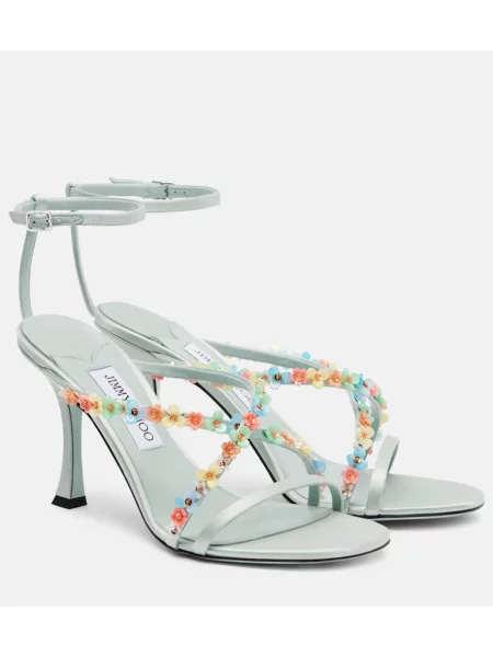 Saténové květinové sandály Jimmy Choo zelené