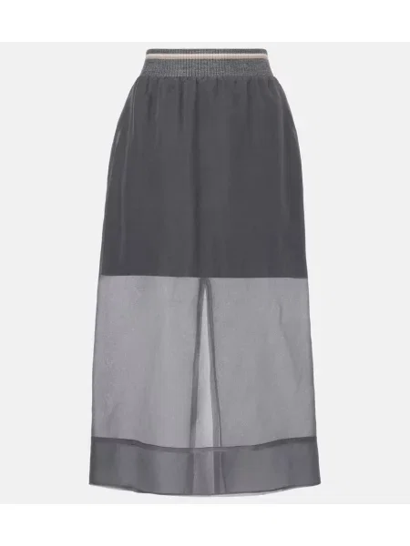 Fustă midi Brunello Cucinelli de mătase transparente până la genunchi gri