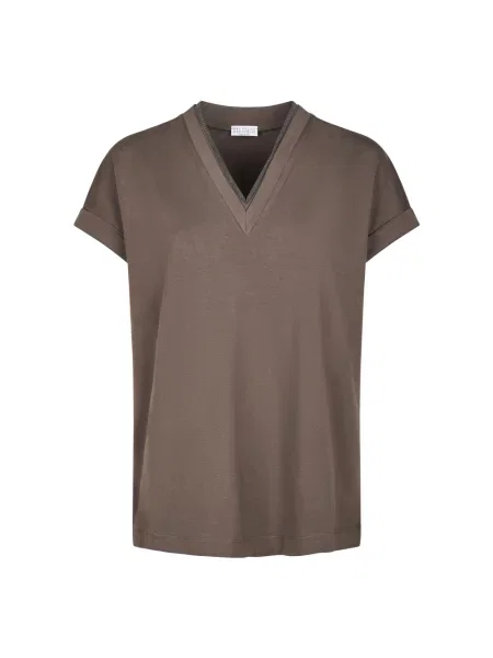 Koszulka Brunello Cucinelli z dekoltem w serek brązowa