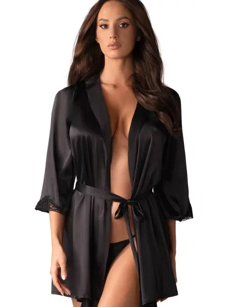 Атласный короткий пеньюар и трусики стринг Комплект_Obsessive_Satinia_robe чорні